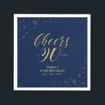 Serviette En Papier Or et marine | Modern Cheers 90th Birthday Party<br><div class="desc">Cette serviette en papier personnalisée ajoutera des détails élégants à votre journée spéciale. Ce design présente des graphismes étincelants et de la typographie "Cheers to 90 years" en texture feuille or sur un arrière - plan bleu marine. Parfait pour une soirée dorée moderne à thème 90ème anniversaire. Les invitations et...</div>