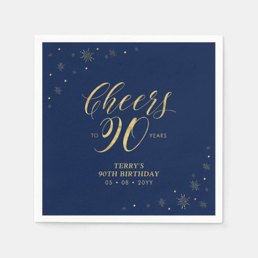 Serviette En Papier Or et marine | Modern Cheers 90th Birthday Party (Devant)