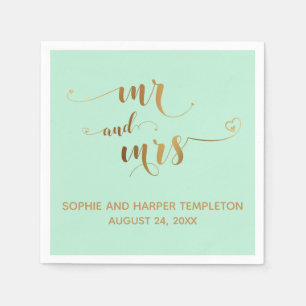 Serviette En Papier Or et Menthe Monsieur et Madame Calligraphie avec