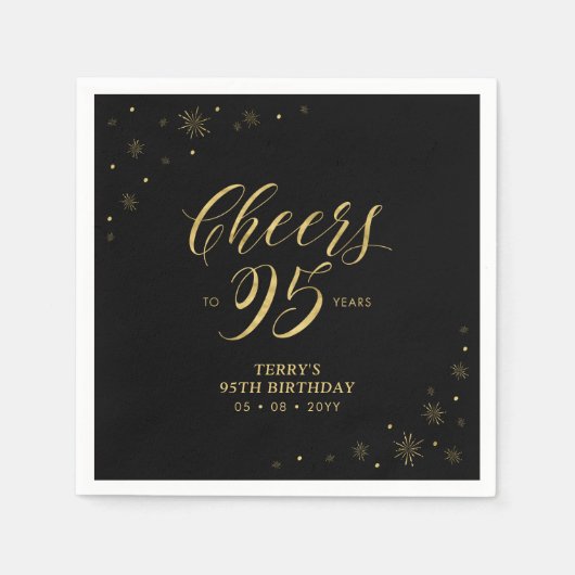 Serviette En Papier Or et noir | Modern Cheers 95th Birthday Party (Devant)