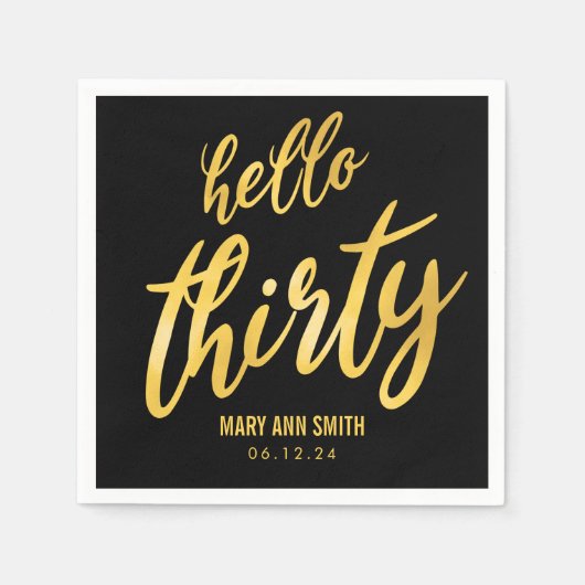 Serviette En Papier Or Noir "Bonjour Trente Anniversaire avec nom (Devant)