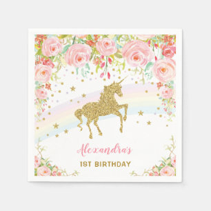 Serviette En Papier Or Unicorne rose floral papier d'anniversaire Napk