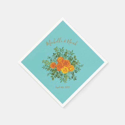 Serviette En Papier Orange & Aqua Mariage Floral moderne (Coin)