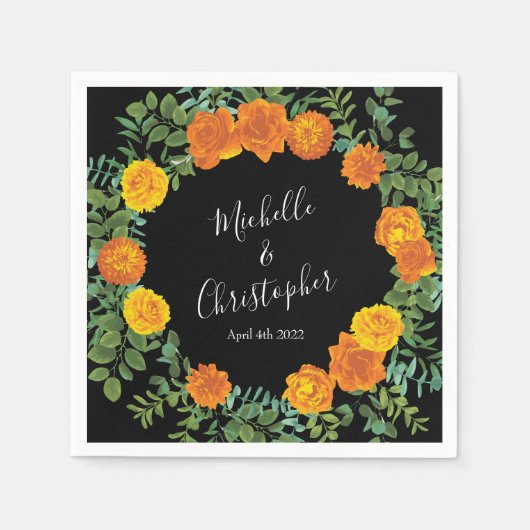 Serviette En Papier Orange Black Peony & Rose Floral Mariage (Devant)