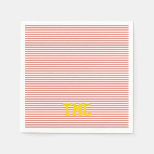 Serviette En Papier orange blanc bande monogramme initiales preppy (Devant)