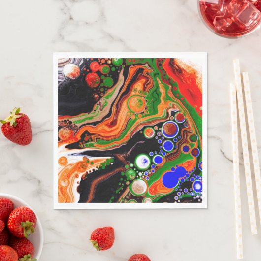 Serviette En Papier Orange, Bleu, Vert, Black Digital Fluid Art (En situation)