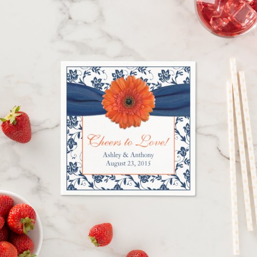 Serviette En Papier Orange Daisy Navy Blue Damask Mariage personnalisé (En situation)
