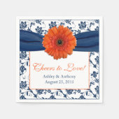 Serviette En Papier Orange Daisy Navy Blue Damask Mariage personnalisé (Devant)