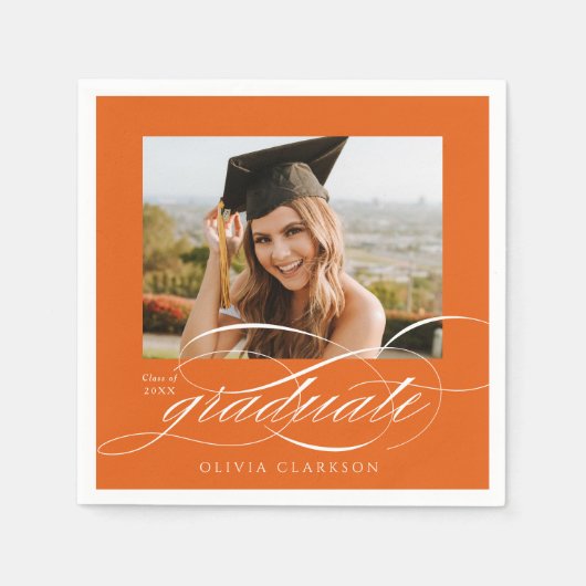Serviette En Papier Orange Elegant Script Photo Graduation Party (Devant)