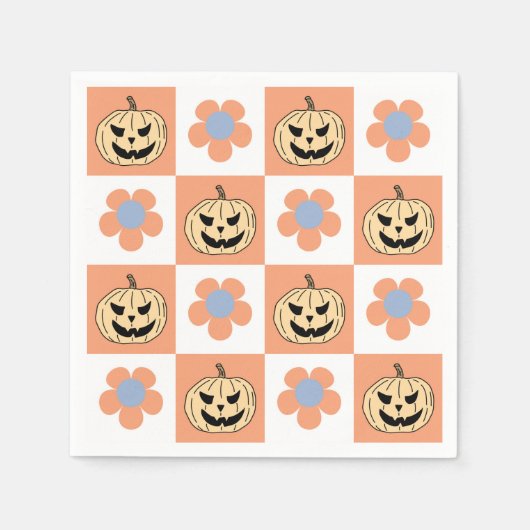 Serviette En Papier Orange Halloween Citrouille et Daisy Checkerboard (Devant)