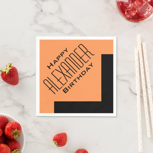 Serviette En Papier Orange Joyeux Anniversaire Art Déco Personnalisé (En situation)