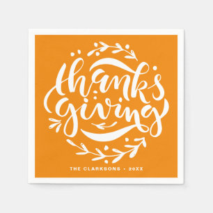 Serviette En Papier Orange Lettré Main Thanksgiving Wreath