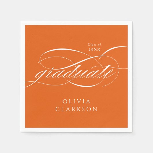 Serviette En Papier Orange Moderne Élégant Script Graduation Party (Devant)