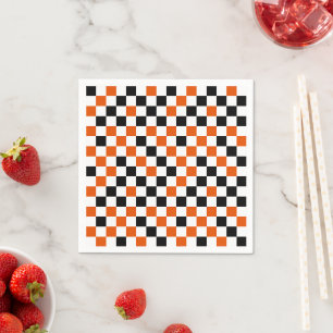 Serviette En Papier Orange Noir et Blanc à Damier
