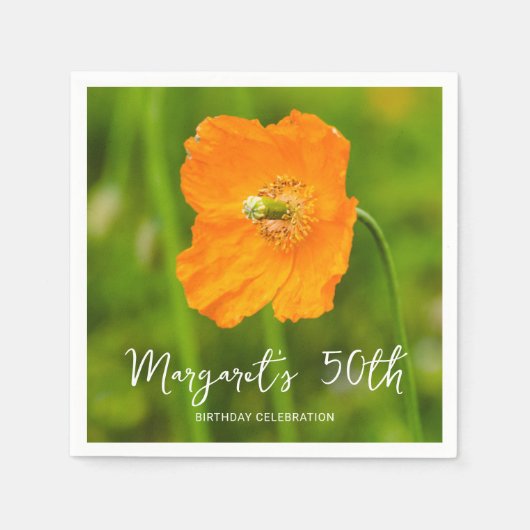 Serviette En Papier Orange Poppy Flower On Green 50th Birthday Party (Devant)