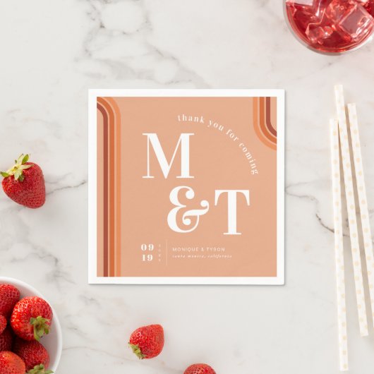 Serviette En Papier Orange Retro Seventies Stripes | Monogramme Mariag (En situation)