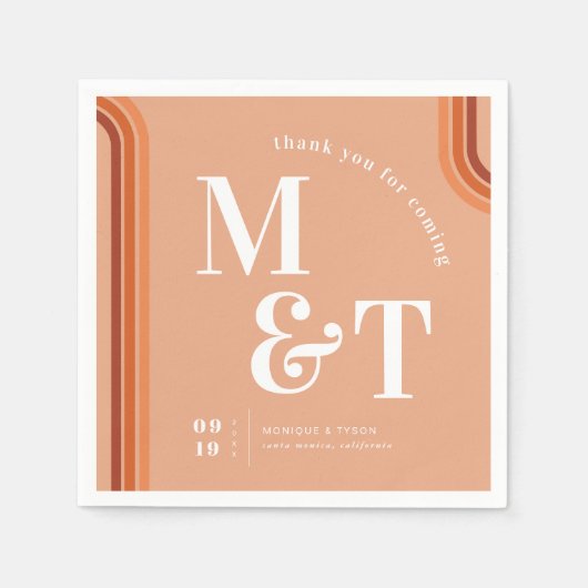 Serviette En Papier Orange Retro Seventies Stripes | Monogramme Mariag (Devant)