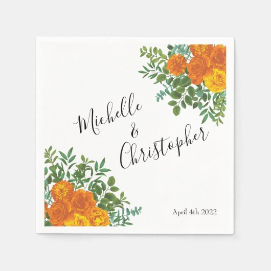 Serviette En Papier Orange Rose Mariage Floral Moderne (Devant)
