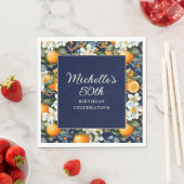 Serviette En Papier Oranges White Flowers Navy Blue Birthday Welcome (En situation)