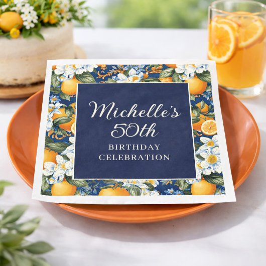 Serviette En Papier Oranges White Flowers Navy Blue Birthday Welcome