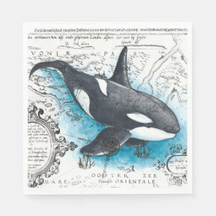Serviette En Papier Orca Baleine Bleu Aquarelle Carte Nautique