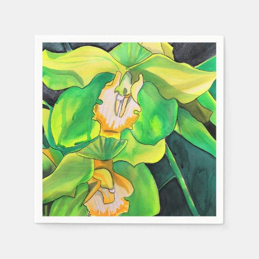 Serviette En Papier Orchidée fleurs vert et jaune art (Devant)