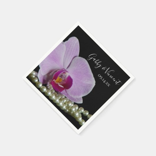 Serviette En Papier Orchidée rose et perles sur Mariage noir (Coin)
