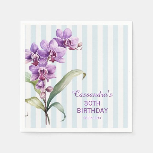 Serviette En Papier Orchidée violette Vert rayures Floral 30e annivers (Devant)