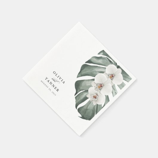 Serviette En Papier Orchidées blanches sur Monstera Mariage tropical (Coin)