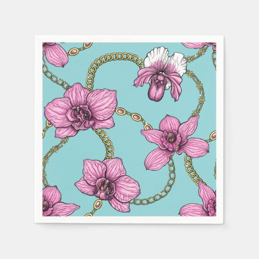 Serviette En Papier Orchidées et chaînes, roses et bleues (Devant)