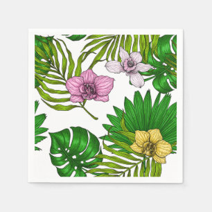Serviette En Papier Orchidées et feuilles de palmiers, rose, jaune, ve