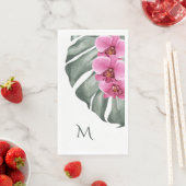 Serviette En Papier Orchidées roses chaudes tropicales avec Monogramme (En situation)