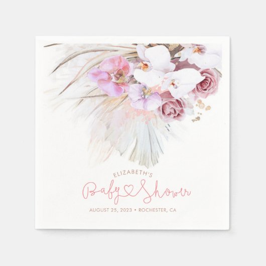Serviette En Papier Orchidées roses et Pampas Grass Elegant Boho (Devant)