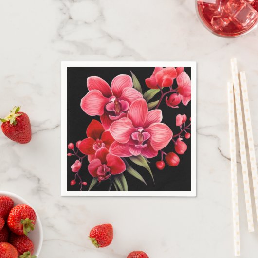 Serviette En Papier Orchidées rouges Mariage rouge et noir (En situation)