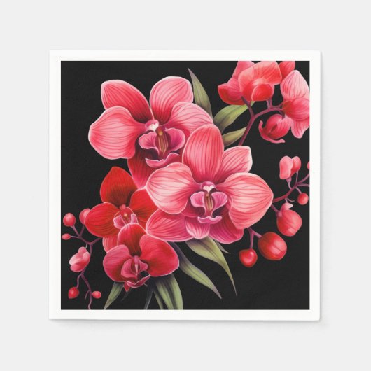 Serviette En Papier Orchidées rouges Mariage rouge et noir (Devant)