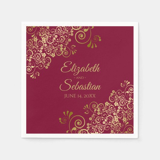 Serviette En Papier Ornate Gold Curls Élégant Mariage Bourgogne (Devant)