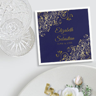 Serviette En Papier Ornate Gold Filigree Elégant Mariage bleu marine