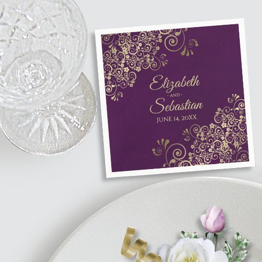 Serviette En Papier Ornate Gold Filigree Elegant Plum Purple Mariage