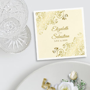 Serviette En Papier Ornate Gold Floral Filigree Elegant Cream Wedding