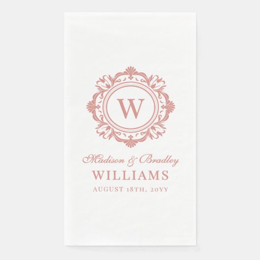 Serviette En Papier Orné Floral Monogramme Mariage Élégant Rose Or (Devant)