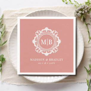 Serviette En Papier Orné Floral Monogramme Mariage Élégant Rose Or