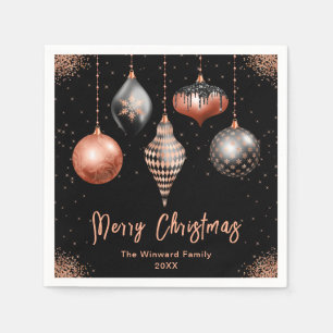 Serviette En Papier Ornement de Noël Rose Gold et Noir Élégant