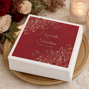 Serviette En Papier Ornement Doré Filigrane Élégant Marbré Rouge Maria