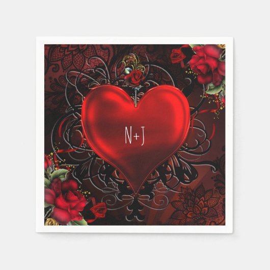 Serviette En Papier Ornemental Elegant Coeur Floral Black & Red Party (Devant)