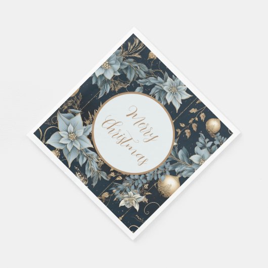 Serviette En Papier Ornements de Noël bleu et or Poinsettias (Coin)