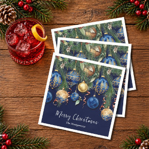 Serviette En Papier Ornements de sapin de Noël chic or et bleu