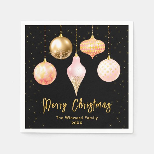 Serviette En Papier Ornements roses et or Joyeux Noël (Devant)
