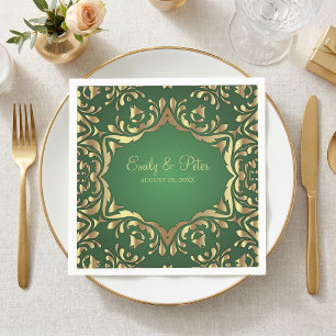 Serviette En Papier Ornements Royal Faux Or brillants Sur Vert Émeraud