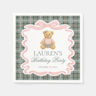 Serviette En Papier Ours à nœud papillon rose Coquette Tartan Plaid An