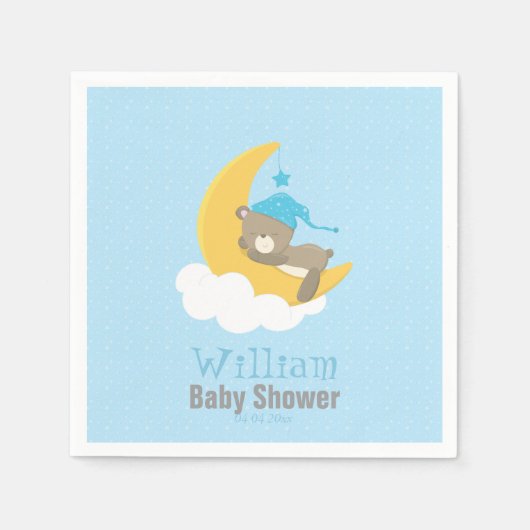 Serviette En Papier Ours Bébé Bleu Dormir Sur La Lune - baby shower (Devant)